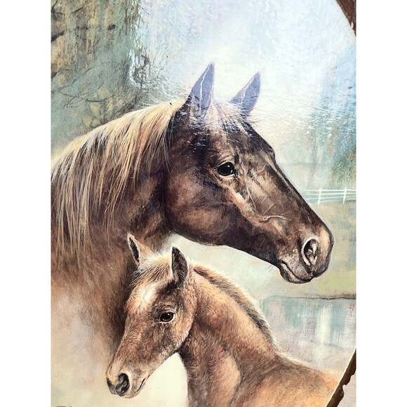 Vintage Decoupage Wooden Slab Horse Painting, Horse And Foal / Wall Art 7 x 11 - Picture 3 of 8